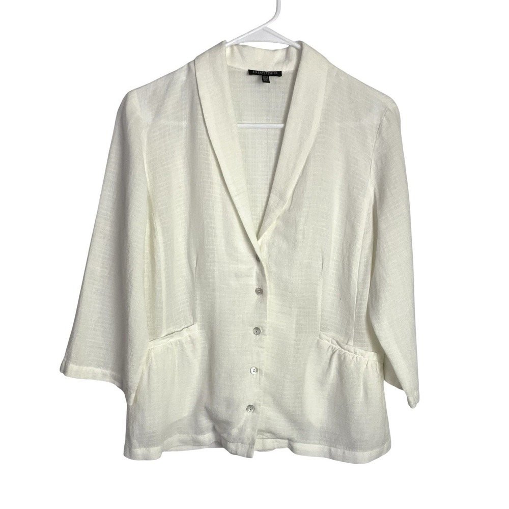 Eileen Fisher Linen Blend Button Up Shirt Size PM White Ivory 3/4 Sleeve Coastal